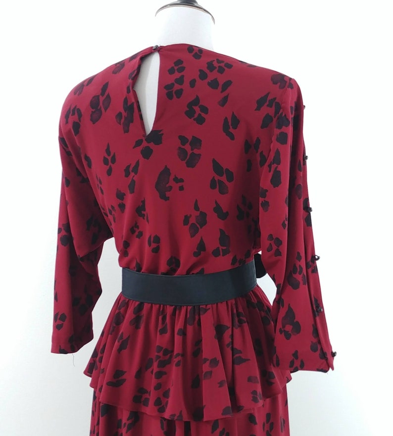 Vintage 1980s Paw Print Dress 80s Red Black Dress 1980s Peplum Dress image 8