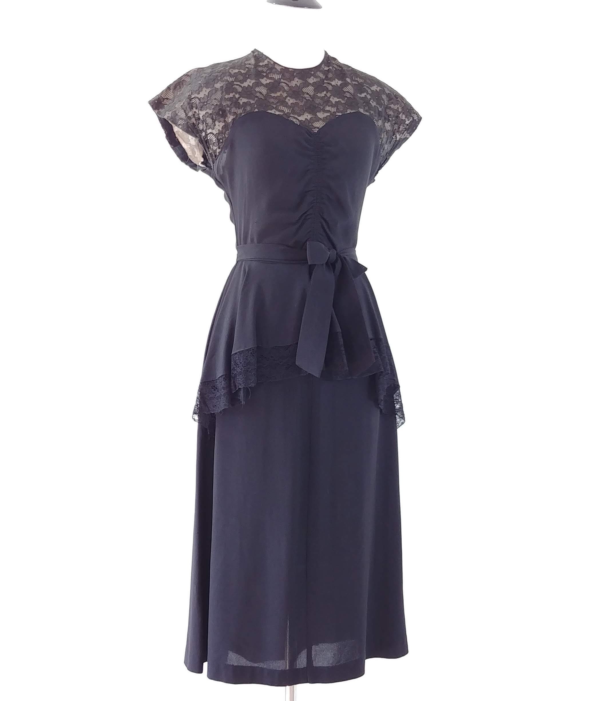 1940s Black Peplum Dress with Lace Collar and Cuffs main image 1