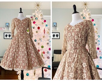 Vintage 1950s Lace Party Dress | 50s Lace Dress | 1950's Fit and Flare |