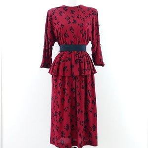 Vintage 1980s Paw Print Dress 80s Red Black Dress 1980s Peplum Dress image 2
