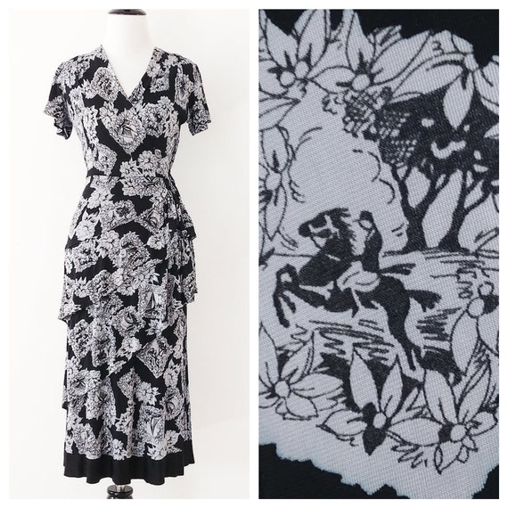 Vintage 1940s Rayon Jersey Dress | 40s Novelty Pri