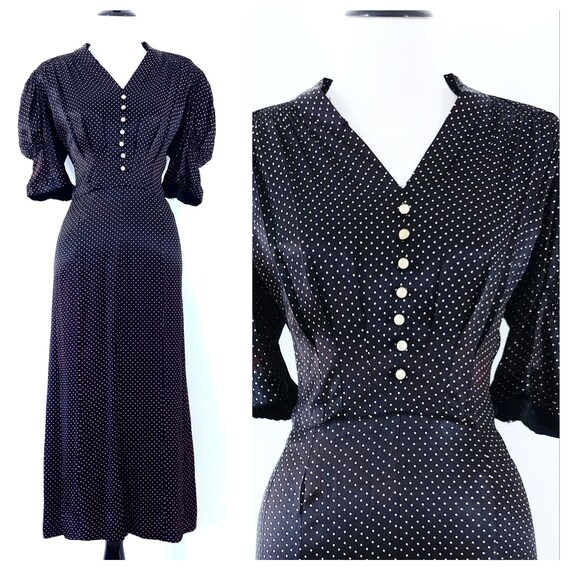 Vintage 1930s Polka Dot Dress | 40s Puff Sleeve Dr