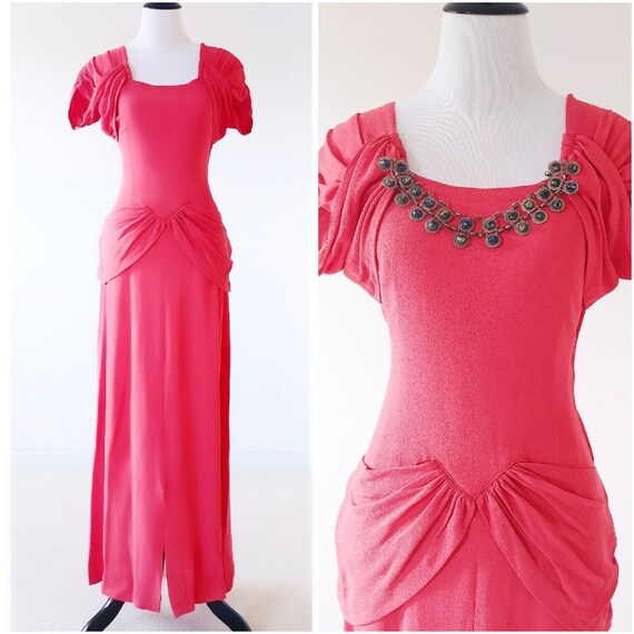 Vintage 1940's Coral Crepe Gown | Vintage 1940s Go