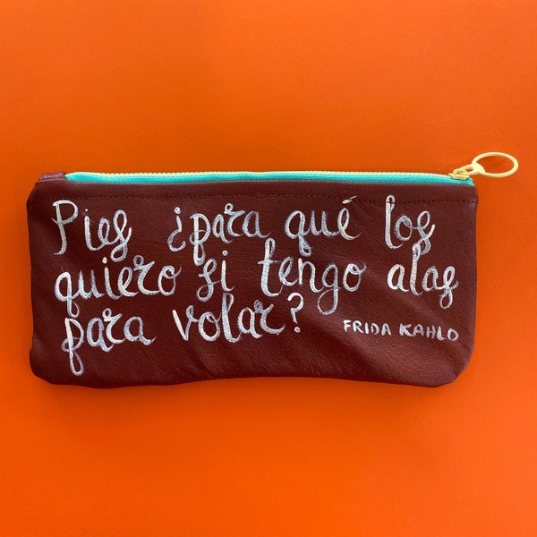 Frida Kahlo upcycled leather pencil pouch 4”x9” (brick)