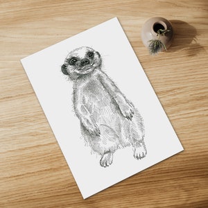 STAMPA "Suricato cucciolo" Illustrazione animale, Inchiostro nero su carta, Stampa d'arte, arredamento casa, disegno a china