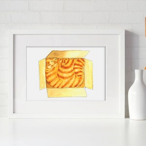 PRINT "Kat in de doos" Art print, Oranje kat, Giclee print, Illustratie met kat, dierenaquarel, decorschilderijen