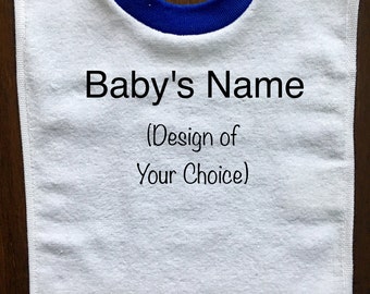 Personalized White Baby Bib with Blue Trim