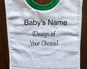 Personalized White Baby Bib with Green Trim