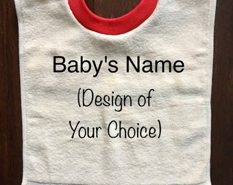 Personalized Ecru Baby Bib with Red Trim