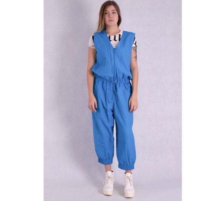 Amazing women's 80s jumpsuit with terry cloth body lining, catchy look, street wear spring outfit.