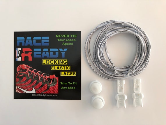Shoe Laces Round Locking White With Black Highlights Never