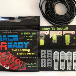Flat Locking Shoe Laces, BLACK - Race Ready - 1 Pair, Never Tie Your Laces Again!