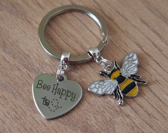 Bumblebee keyring, honey bee keychain, honey bee lovers gift, bee Christmas gift, bee key fob, bumblebee keyring, ''Bee Happy'' keyring