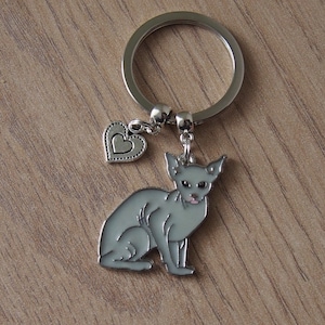 May include: A silver key ring with a small heart charm and a grey cat charm. The cat charm is a Sphynx cat with a pink nose.
