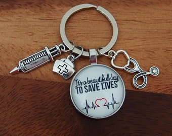Doctor/Nurse Keyring: Stethoscope, Syringe Charms - Medical Gift