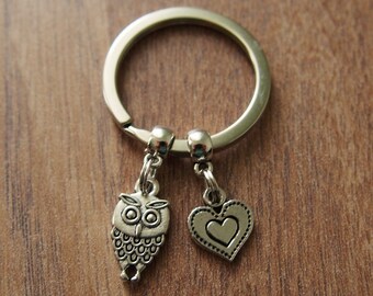 Owl Keychain, Heart Charm, Owl Lovers Gift