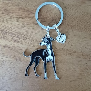 Op de afbeelding: Een zilveren sleutelhanger met een zwart-witte Greyhound hondenbedel en een hartbedel met een gestippelde omtrek. De sleutelhanger heeft een zilveren ring en staat op een houten achtergrond.