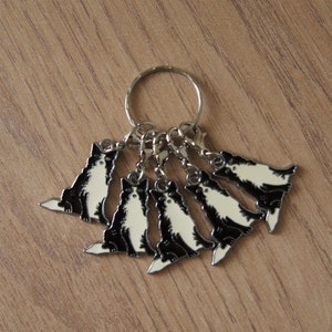 May include: A silver keychain with six black and white cat charms. The charms are attached to a silver ring.