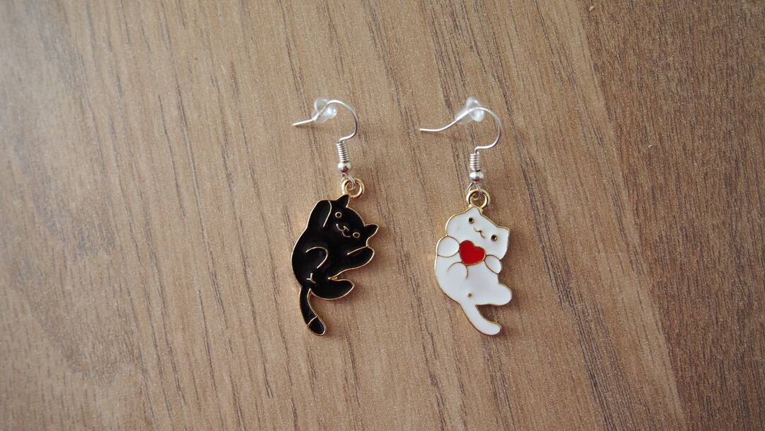 Cat Earrings Black and White Cat Earrings Cat Lovers Gift Etsy