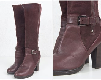 impact round block heel ankle boots in burgundy patent