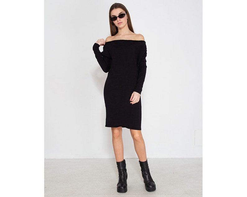 Vintage Black TOP SECRET Open-Shoulders Midi Dress Size 34