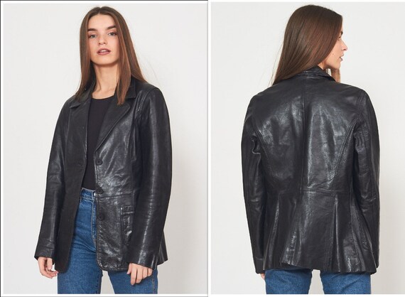 Vintage Black Leather Jacket Blazer/ Size M