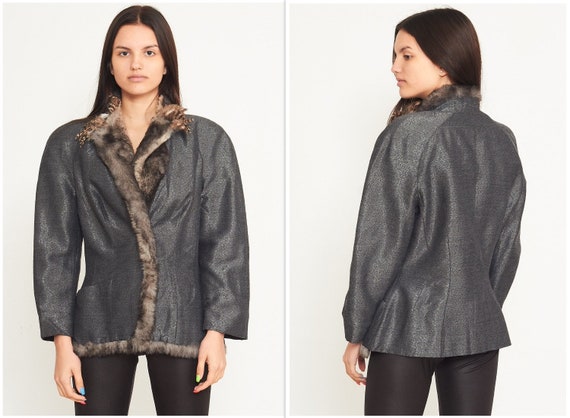 Vintage Grey MUGLER Fur Neck Jacket Blazer/ Size 4