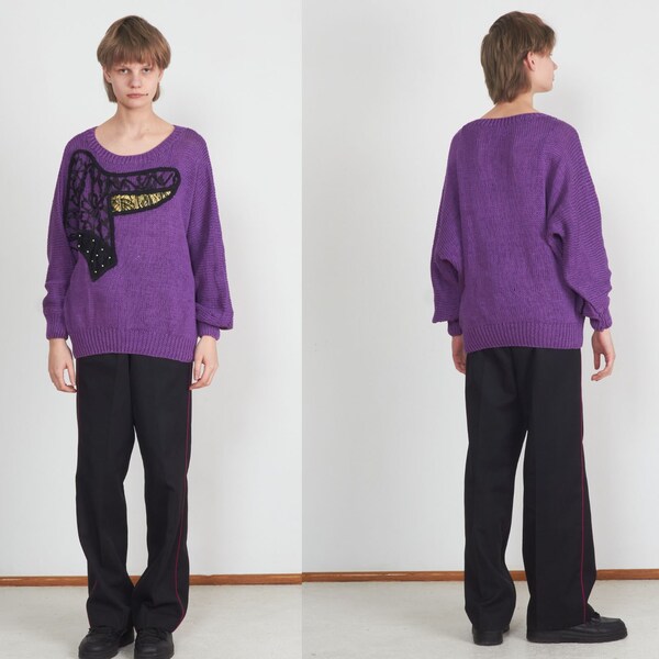 Vintage Purple Black Knit Long Sleeve Jumper/ Size L