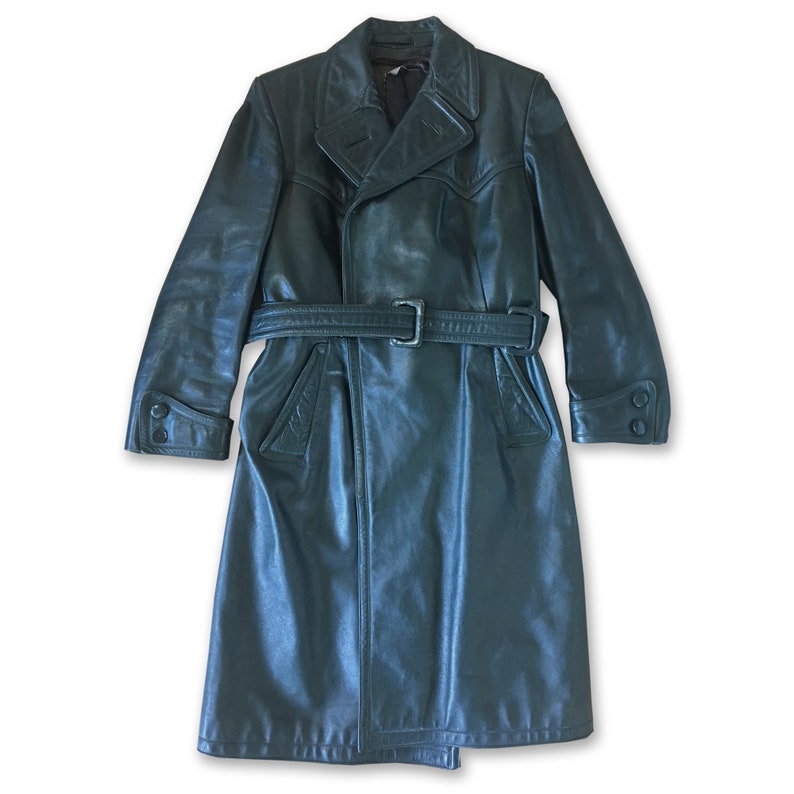RARE: Unisex Dark Green Belted Leather Jacket Trench Coat image 0