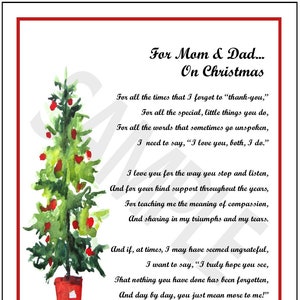 Poem For Mom Dad On Christmas, DIGITAL DOWLOAD, Christmas Verse For Parents, Parents Christmas Poem,  Best Parents Christmas Print Gift,