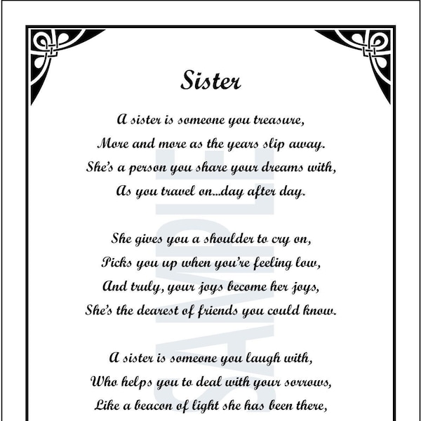 Sister,  DIGITAL DOWNLOAD, Sister Poem Gift Present Verse Saying, Sister Moving Away, Sister's 30th 40th 50th 60th 70th 80th Birthday,