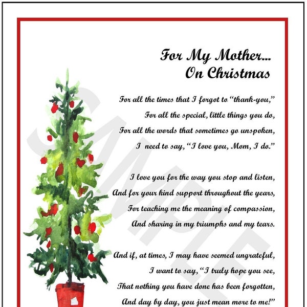 For My Mother On Christmas, DIGITAL MOM POEM, Christmas Poem For Mom, Christmas Verse For Mom, Christmas Print For Mother, For Mom at Xmas,