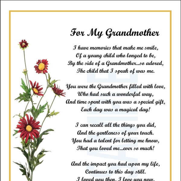 Poem For My Grandmother, DIGITAL DOWNLOAD, Grandmother Grandma Poem Verse  Print, Grandmother Grandma  60th 70th 75th 80th 90th Birthday,