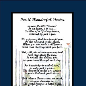 Poem For A Wonderful Doctor,  DIGITAL DOWNLOAD, Doctor Retiring, Graduation From Medical School, Sentimental Doctor Print Verse Poem Saying,