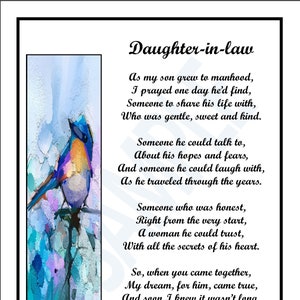 Daughter In Law From 1 Parent,  DIGITAL DOWNLOAD, Unframed, Daughter in Law Poem, Daughter in Law Verse, Daughter in Law Print,