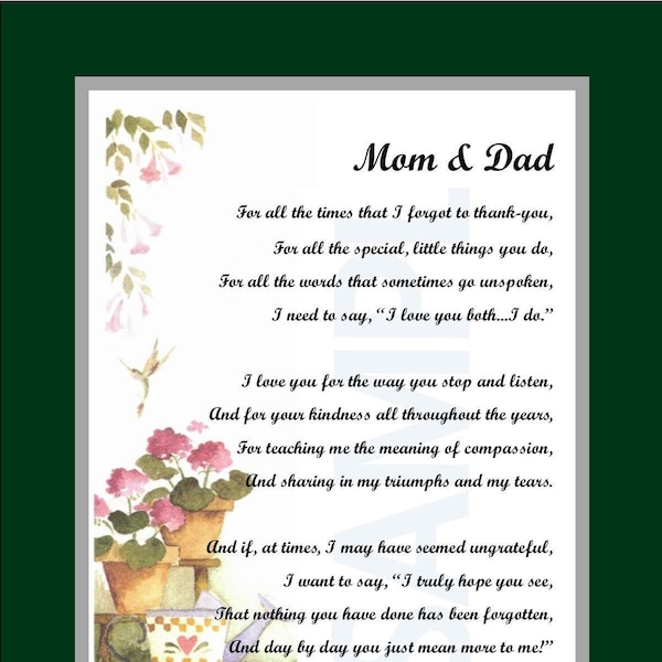 Mom And Dad, DIGITAL DOWNLOAD, Mom Dad Anniversary Poem Gift Present Verse Print thank You, Mom Dad Appreciation Saying Thanks, Best Mom Dad