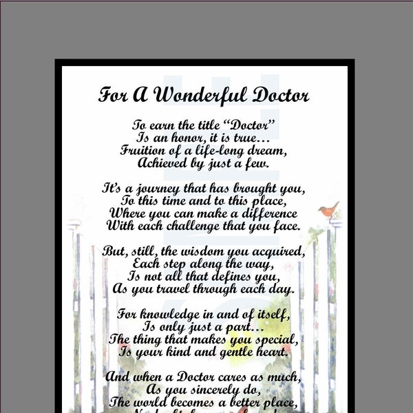 Poem For a Wonderful Doctor, Doctor Gift, Doctor Thank You, DIGITAL DOWNLOAD, Doctor Retirement Poem, Doctor Appreciation Gift Poem Print,