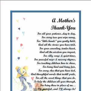A Mother's thank-You, DIGITAL DOWNLOAD,  Nursery School Teacher Thank-You, Daycare Thank You, Pre School Thank You, Daycare Poem,