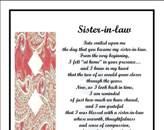 Sister in Law,  DIGITAL DOWNLOAD, Sister in law Poem, Sister in Law Verse, Sister in Law Birthday Present, Best Sister in Law,