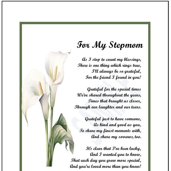 Poem For My Stepmom, DIGITAL DOWNLOAD, Stepmom Gift Present Thank You, Stepmother Gift Present Thank You, Stepmom  65th 70th 75th Birthday,