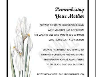 Loss of Mother Poem for Son, Mother Memorial Poem Print Digital Instant, Mother Remembrance Poem For Son, Mother Condolence Poem Print,