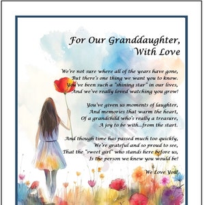 Our Granddaughter Poem, DIGITAL DOWNLOAD, Granddaughter Print Verse Saying, Granddaughter's 12th 13th 14th 15th 16th 17th 18th Birthday,