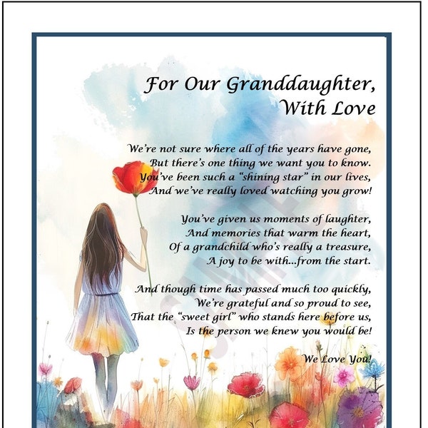 Our Granddaughter Poem, DIGITAL DOWNLOAD, Granddaughter Print Verse Saying, Granddaughter's 12th 13th 14th 15th 16th 17th 18th Birthday,