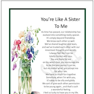 You're Like a Sister to Me, Best Friend Poem, Friendship Poem, DIGITAL DOWNLOAD, Poem For My Bestie, Friend's 21st 30th 40th 50th Birthday,