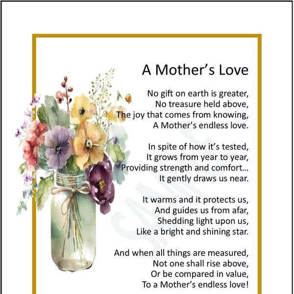 A Mother's Love, Mother Mom Poem Print Verse Saying Thank-you, DIGITAL DOWNLOAD, Mother Mom 60th 70th 75th 80th 90th 100th Birthday Gift,