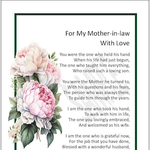 To Mother In Law from Bride,  DIGITAL DOWNLOAD, Mother in law Poem Print Verse Gift Present, Mother in law 60th 65th 70th 75th 80th Birthday
