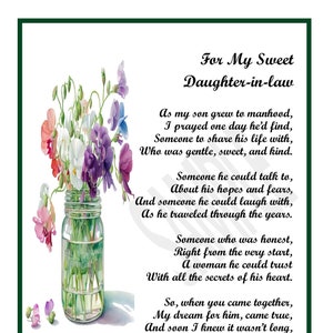 Daughter In Law 30th 40th 50th Birthday,  DIGITAL DOWNLOAD, My Daughter in Law, Daughter in Law Poem Gift Present Verse, Bridal Shower Gift,