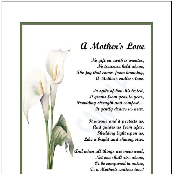 A Mother's Love,  DIGITAL DOWNLOAD, Mom Poem, Mom Gift, Gifts For Moms, Mom Presents, Mom's 60th birthday, Mom's 70th Birthday,,