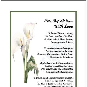 Sentimental Sister Poem Print Verse Saying Gift Present, Sister's 30th 40th 50th 60th 65th 70th 80th 90th Birthday, Sister Appreciation Love