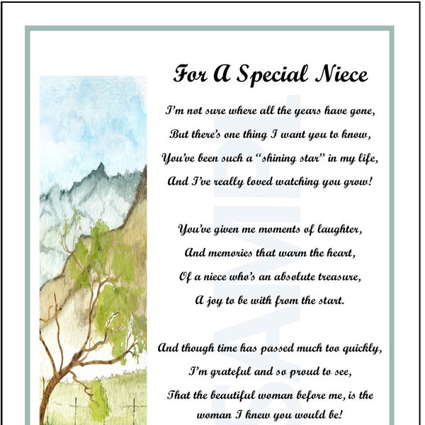 For A Special Niece, DIGITAL DOWNLOAD, niece poem, Niece Gift, Niece Birthday, Present, Niece Verse, Niece Saying, Niece Graduation